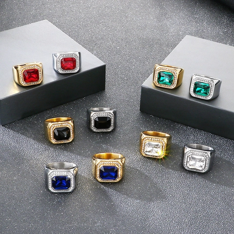 Hip Hop Men Stainless Steel Square Inlaid Rhinestone Ring Gold Silver Geometric Street Style Fashion Jewelry Gift