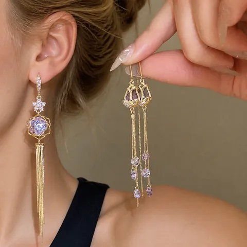 Luxurious Copper Flower Dangle Earrings With Silver Earring Post Zirconia Inlaid Gold Plated Tassel Ear Thread Jewelry For Women