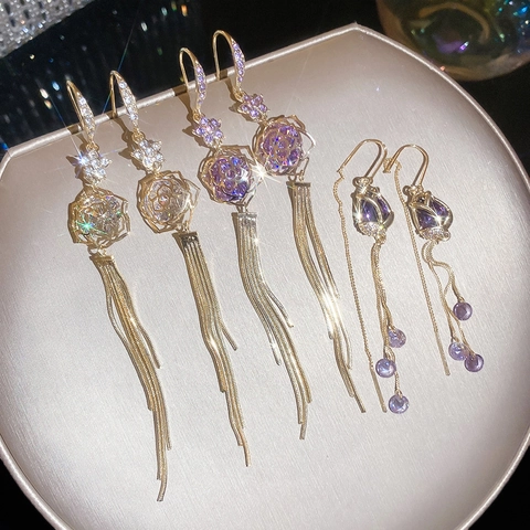 Luxurious Copper Flower Dangle Earrings With Silver Earring Post Zirconia Inlaid Gold Plated Tassel Ear Thread Jewelry For Women