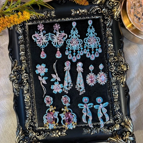 Vintage Blue Floral Water Drop Tassel Earrings For Women Inlaid Rhinestone 925 Sterling Silver Post Unique Alloy Jewelry