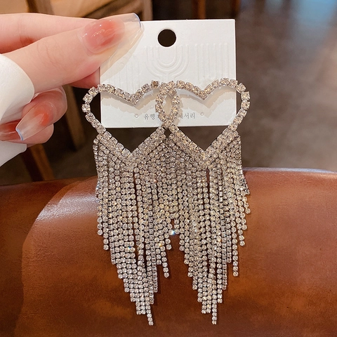 Exaggerated Alloy Rhinestone Bow Heart Tassel Drop Earrings For Women Fashion Silver Post Pave Jewelry For Wedding Party