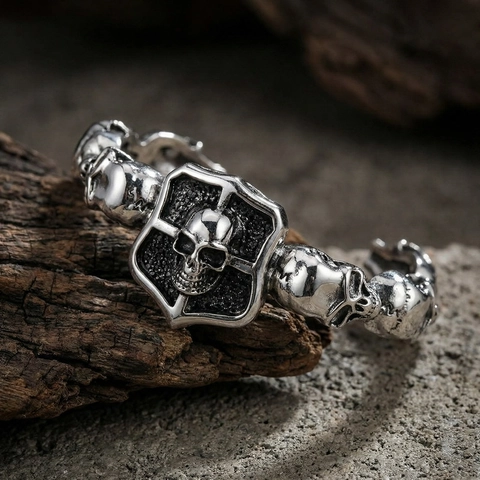Skull Head Bangle Bracelet Stainless Steel Shield Gothic Punk Vintage Rock Open Cuff Bangle For Men