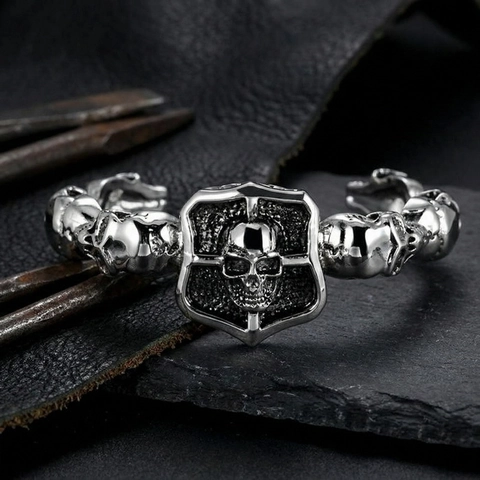 Skull Head Bangle Bracelet Stainless Steel Shield Gothic Punk Vintage Rock Open Cuff Bangle For Men