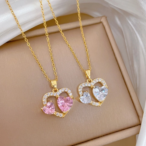 Königliche Doppelherz Anhänger Halskette Für Damen Edelstahlkette Vergoldet Zirkonia Strass Schlüsselbeinkette Schmuck Geschenk