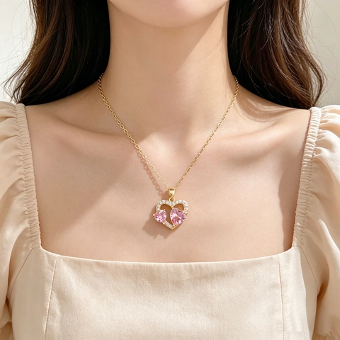 Königliche Doppelherz Anhänger Halskette Für Damen Edelstahlkette Vergoldet Zirkonia Strass Schlüsselbeinkette Schmuck Geschenk