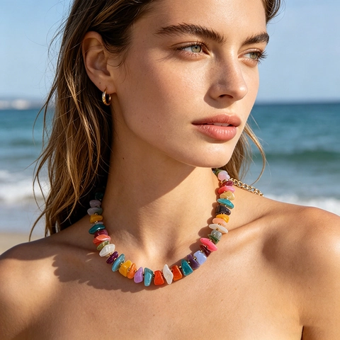 Women Irregular Crushed Stone Beaded Acrylic Resin Necklace Colorful Candy Color Summer Beach Handmade Jewelry Accessories