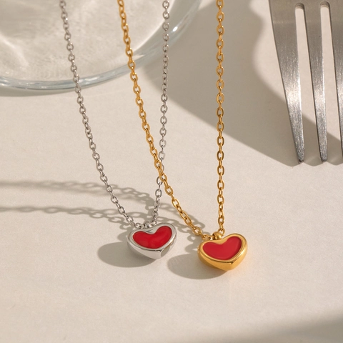 Heart Necklace And Stud Earrings Jewelry Stainless Steel Red Enamel French Romantic Style Hypoallergenic For Women