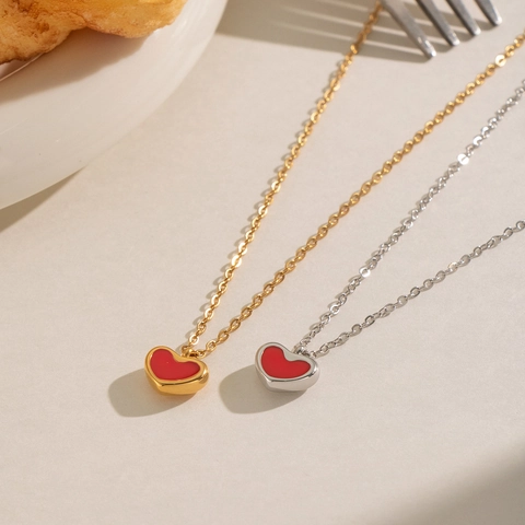 Heart Necklace And Stud Earrings Jewelry Stainless Steel Red Enamel French Romantic Style Hypoallergenic For Women