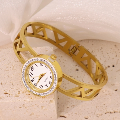 Orologio da Donna Lussuoso Oro Acciaio Inossidabile Quarzo Intarsiato Strass Bracciale Cavo Geometrico Cuore Corona Gioielli