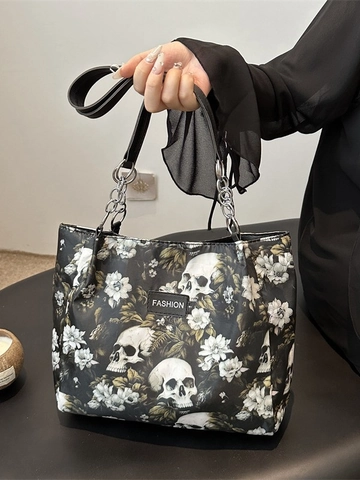 Borsa Tote Vintage Gotica con Stampa Teschio e Fiori in Pelle PU per Donna Borsa a Tracolla di Grande Capacità con Catena