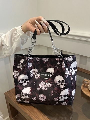 Borsa Tote Vintage Gotica con Stampa Teschio e Fiori in Pelle PU per Donna Borsa a Tracolla di Grande Capacità con Catena
