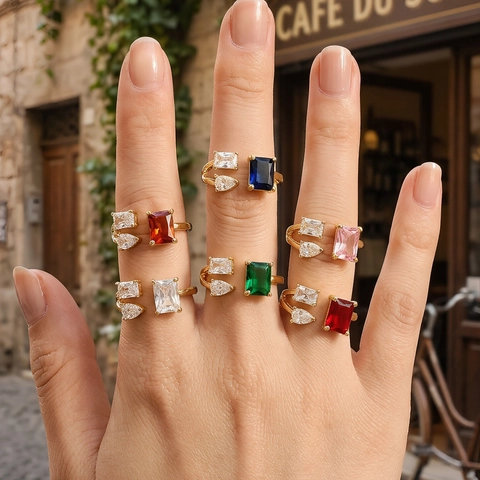 Fashion Copper 18K Gold Plated Open Ring With Geometric Zircon Inlay Colorful Cubic Zirconia Adjustable Ring For Women Jewelry