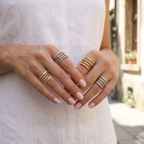 Anillo Abierto Geométrico Multicapa Cobre Chapado en Oro de Dieciocho Quilates Incrustado con Zirconia Elegante Anillo de Dedo Joyería Mujer
