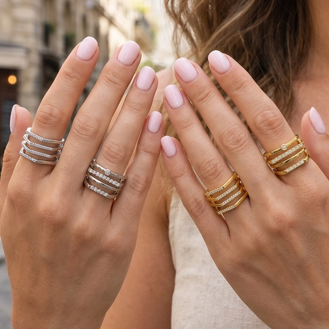 Anillo Abierto Geométrico Multicapa Cobre Chapado en Oro de Dieciocho Quilates Incrustado con Zirconia Elegante Anillo de Dedo Joyería Mujer