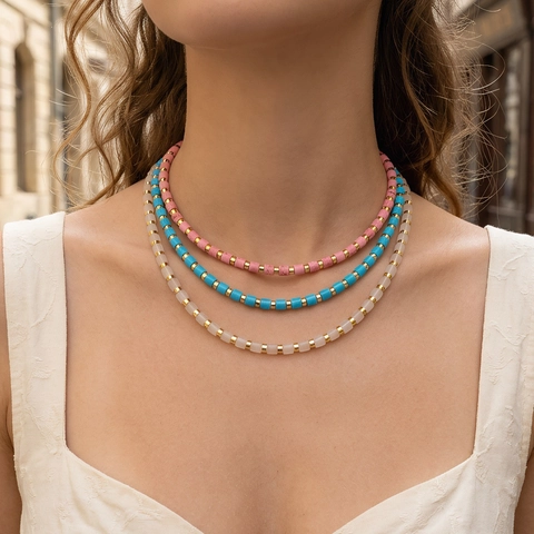 Handmade Cylindrical Beaded Necklace Bohemian Copper Semi-Precious Stone Choker Adjustable Clavicle Chain For Women Jewelry