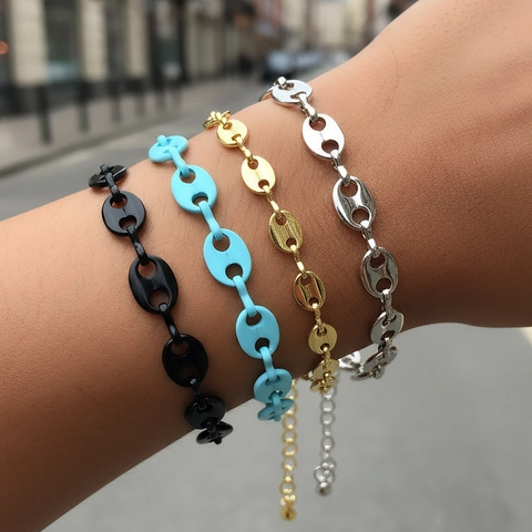 Unisex Trendy Copper Pig Nose Marina Link Bracelet Gold Rhodium Plated Enamel Coffee Bean Chain Adjustable Jewelry