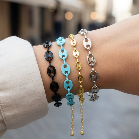 Unisex Trendy Copper Pig Nose Marina Link Bracelet Gold Rhodium Plated Enamel Coffee Bean Chain Adjustable Jewelry