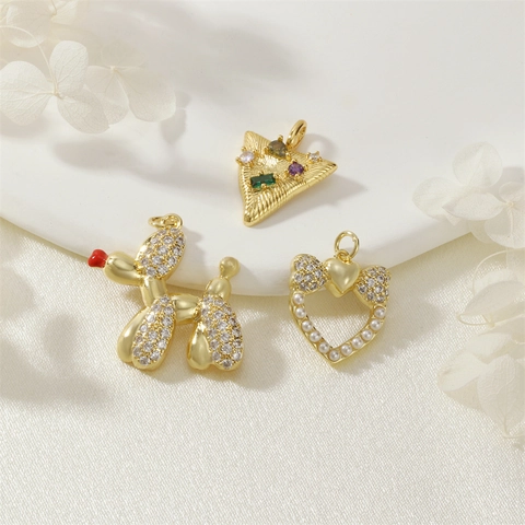 Gold Plated Copper Balloon Dog Heart Triangle Charms For DIY Jewelry Making Micro Inlaid Zirconia Simulated Artificial Pearl Pendants