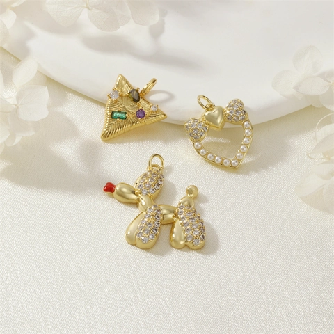 Gold Plated Copper Balloon Dog Heart Triangle Charms For DIY Jewelry Making Micro Inlaid Zirconia Simulated Artificial Pearl Pendants