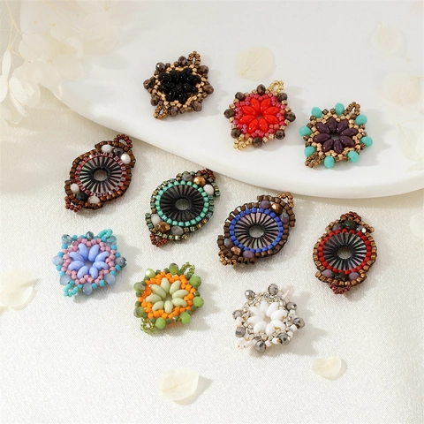Hand-Woven Glass Seed Bead Flower Pendant Bohemian Mandala Style DIY Jewelry Making Accessory For Necklace Earrings Women