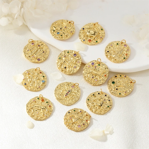 12 Zodiac Signs Constellation Round Embossed Gold Plated Copper Pendants With Colorful Zirconia Retro DIY Jewelry Charms