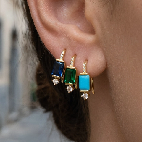 Vintage Gold Plated Copper Rectangle Zirconia Leverback Earrings For Women Emerald Green Blue Purple Colorful Geometric Jewelry