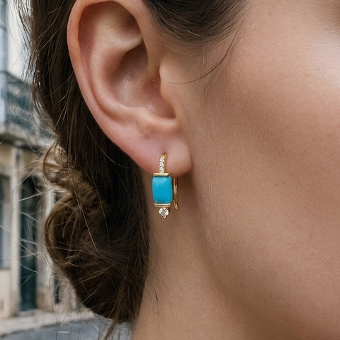 Vintage Gold Plated Copper Rectangle Zirconia Leverback Earrings For Women Emerald Green Blue Purple Colorful Geometric Jewelry