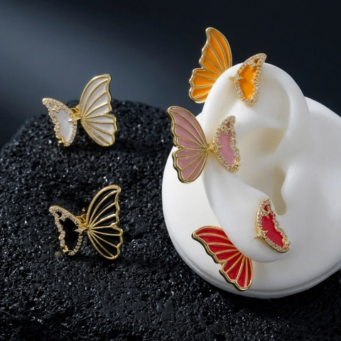 Elegant Butterfly Gold Plated Copper Stud Earrings With Zirconia And Enamel Drip Oil Fashion Jewelry For Women