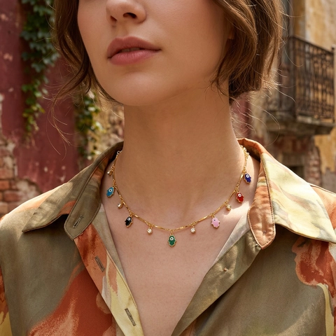 Collana in Rame Placcato Oro di Moda Smalto Malocchio Mano di Fatima Fulmine Margherita Pendente Gioielli Zirconia Donna