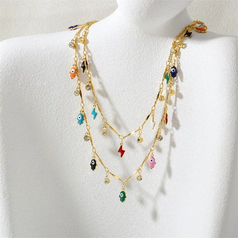 Collana in Rame Placcato Oro di Moda Smalto Malocchio Mano di Fatima Fulmine Margherita Pendente Gioielli Zirconia Donna