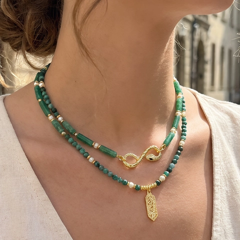 Emerald Green Agate Artificial Pearl Snake Necklace For Women Gold Plated Copper Zirconia Infinity Pendant Bohemia Retro Jewelry