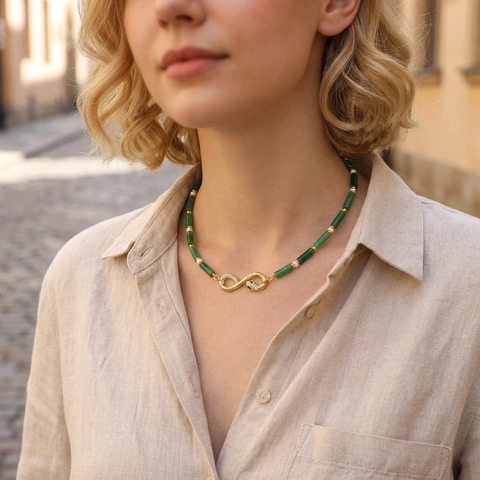 Emerald Green Agate Artificial Pearl Snake Necklace For Women Gold Plated Copper Zirconia Infinity Pendant Bohemia Retro Jewelry