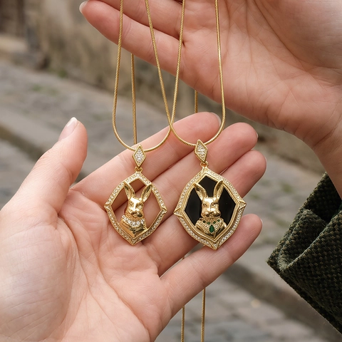 18K Gold Plated Copper Rabbit Zodiac Pendant Necklace With Zirconia Enamel Snake Bone Chain For Women Hiphop Jewelry