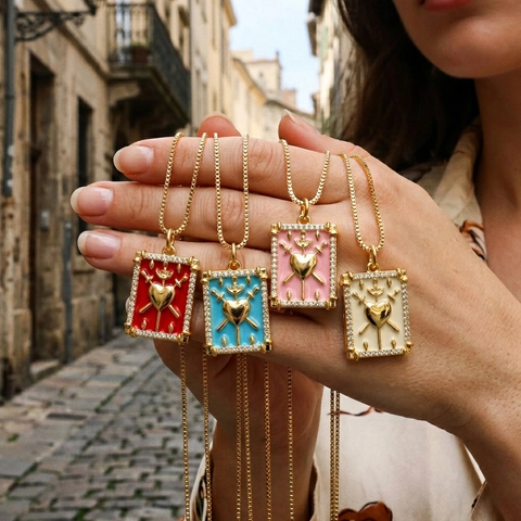 Tarot Card Style Heart Three Swords Pendant Necklace Copper 18K Gold Plated Enamel Zirconia Mysterious Jewelry For Women