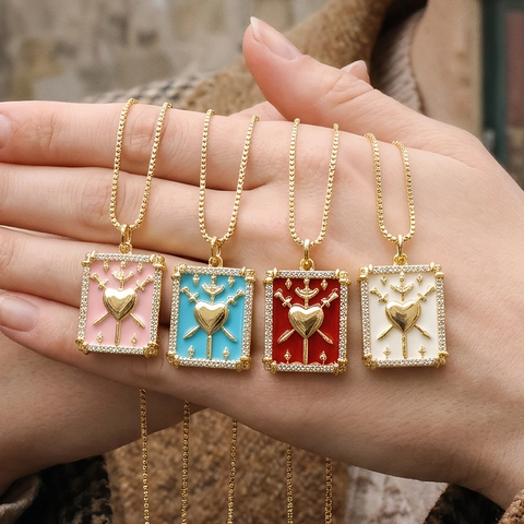 Tarot Card Style Heart Three Swords Pendant Necklace Copper 18K Gold Plated Enamel Zirconia Mysterious Jewelry For Women