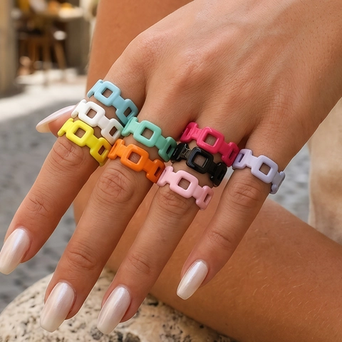 Vintage Hol Hart Open Ring Voor Vrouwen Kleurrijke Gebakken Emaille Macaron Snoepkleur Veer Geometrisch Gevlochten Koperen Ring