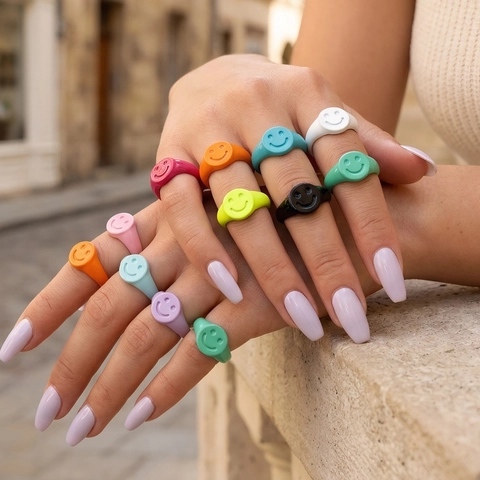 Trendy Copper Candy Color Baked Lacquer Open Ring For Women Heart Smiley Face Hollow Adjustable Fashion Jewelry Finger Ring