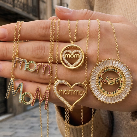 Elegant Gold Plated Copper Zirconia Mom Mama Mamma Letter Heart Pendant Necklace Rainbow Rhinestone Mothers Day Jewelry Gift Women