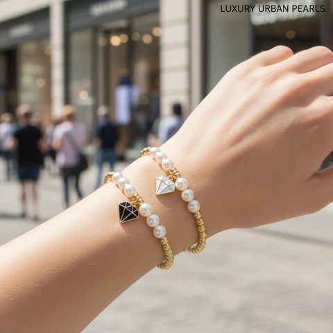 Pulsera Elástica Minimalista de Cuentas de Cobre Chapado en Oro y Perla Artificial de Concha Blanca Con Colgante de Forma de Diamante Esmaltado Joyería Mujer