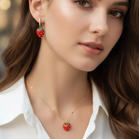 Sweet Red Cherry Strawberry Pendant Necklace Stud Earrings Jewelry Set Gold Plated Copper Enamel Fruit Jewelry For Women Girls Gift