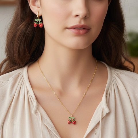 Sweet Red Cherry Strawberry Pendant Necklace Stud Earrings Jewelry Set Gold Plated Copper Enamel Fruit Jewelry For Women Girls Gift