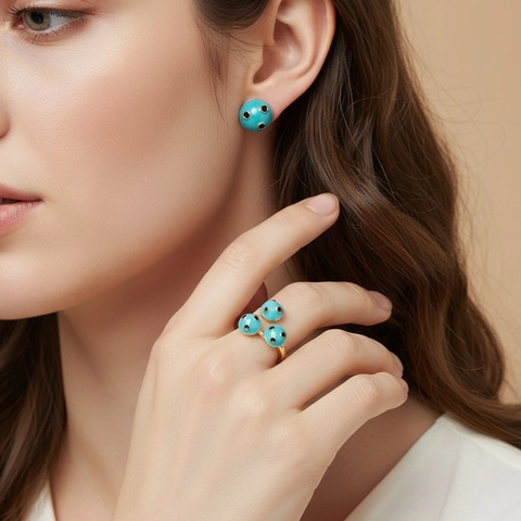 Ladybug Polka Dot Jewelry Set Enamel Ball Earrings Open Ring Copper Gold Plated Fashion Accessories For Women Artistic Gift