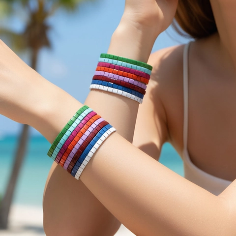 Bohemian Colorful Tila Bead Stretch Bracelet Unisex Geometric Lacquered Tile Bead Bracelet For Women Men Summer Beach Jewelry