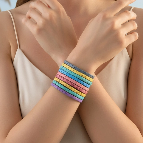 Bohemian Colorful Tila Beads Stretch Bracelet For Women Men Enamel Tile Bracelet With Splatter Pattern Summer Beach Jewelry