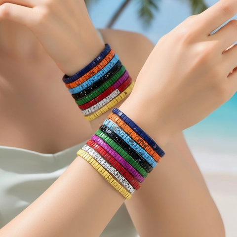Bohemian Enamel Tila Bead Bracelet For Women Men Colorful Handmade Stretch Hematite Tile Beads Stackable Beach Vacation Jewelry