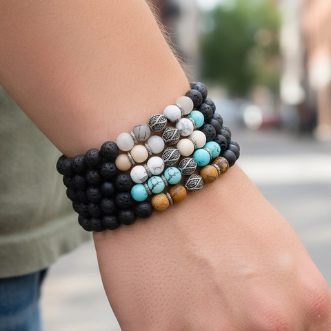 Heren Boheemse Kralen Armband Set Lavasteen Turkoois Jaspis Agaat Elastische Stapelbare Handgemaakte Etnische Sieraden
