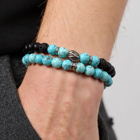 Heren Boheemse Kralen Armband Set Lavasteen Turkoois Jaspis Agaat Elastische Stapelbare Handgemaakte Etnische Sieraden