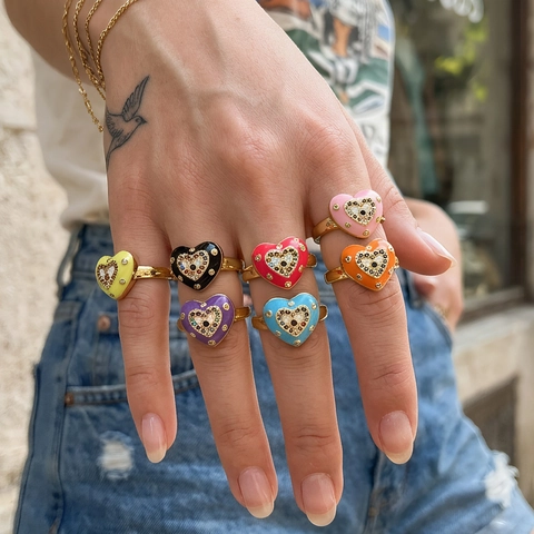 Fashion Heart Evil Eye Enamel Ring For Women Gold Plated Copper Colorful Zircon Adjustable Opening Ring Bohemian Jewelry