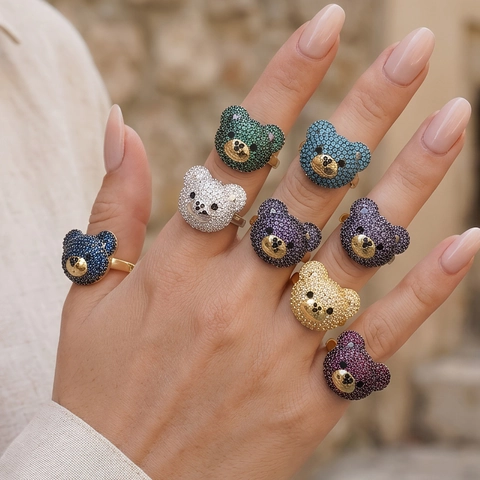 Sweet Cute 3D Teddy Bear Adjustable Ring Gold Plated Copper Micro Inlaid Zirconia Colorful Animal Finger Ring Jewelry For Women