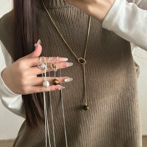Collana Lunga in Acciaio al Titanio Con Pendente in Pietra Occhio di Tigre Perla Regolabile Catena a Serpente Geometrica per Donna